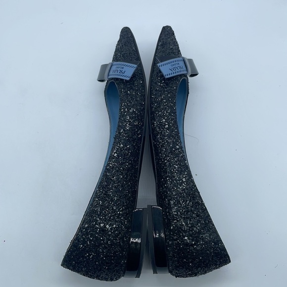 Prada Black Glitter leather bow logo embellished pointed toe ballet flats 38.5 - Picture 6 of 11